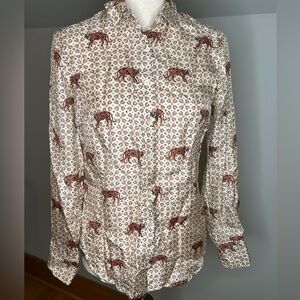 J CREW SILK Button Up Tiger Print Shirt Blouse Women’s Size 0 Black Label